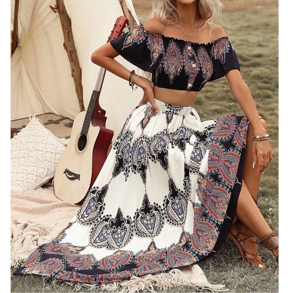 Boho Tribal Print Cropped Top Maxi Skirt Set - Picture 3 of 5